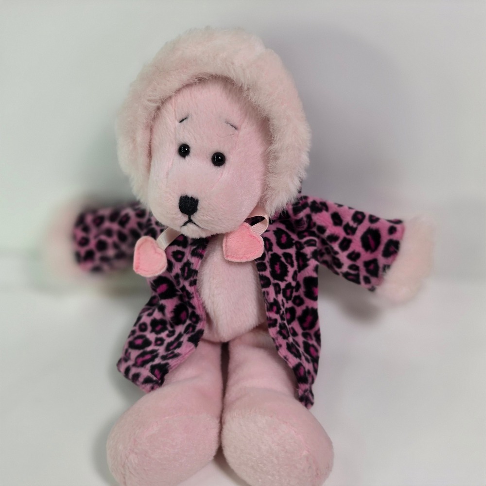 Vintage 2000 Ganz Rachel Plush Bear 9in Pink Leopard Hooded Jacket Heart Ties